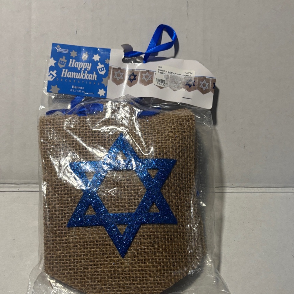 Blue Star of David Burlap happy Hanukkah banner 6 foot